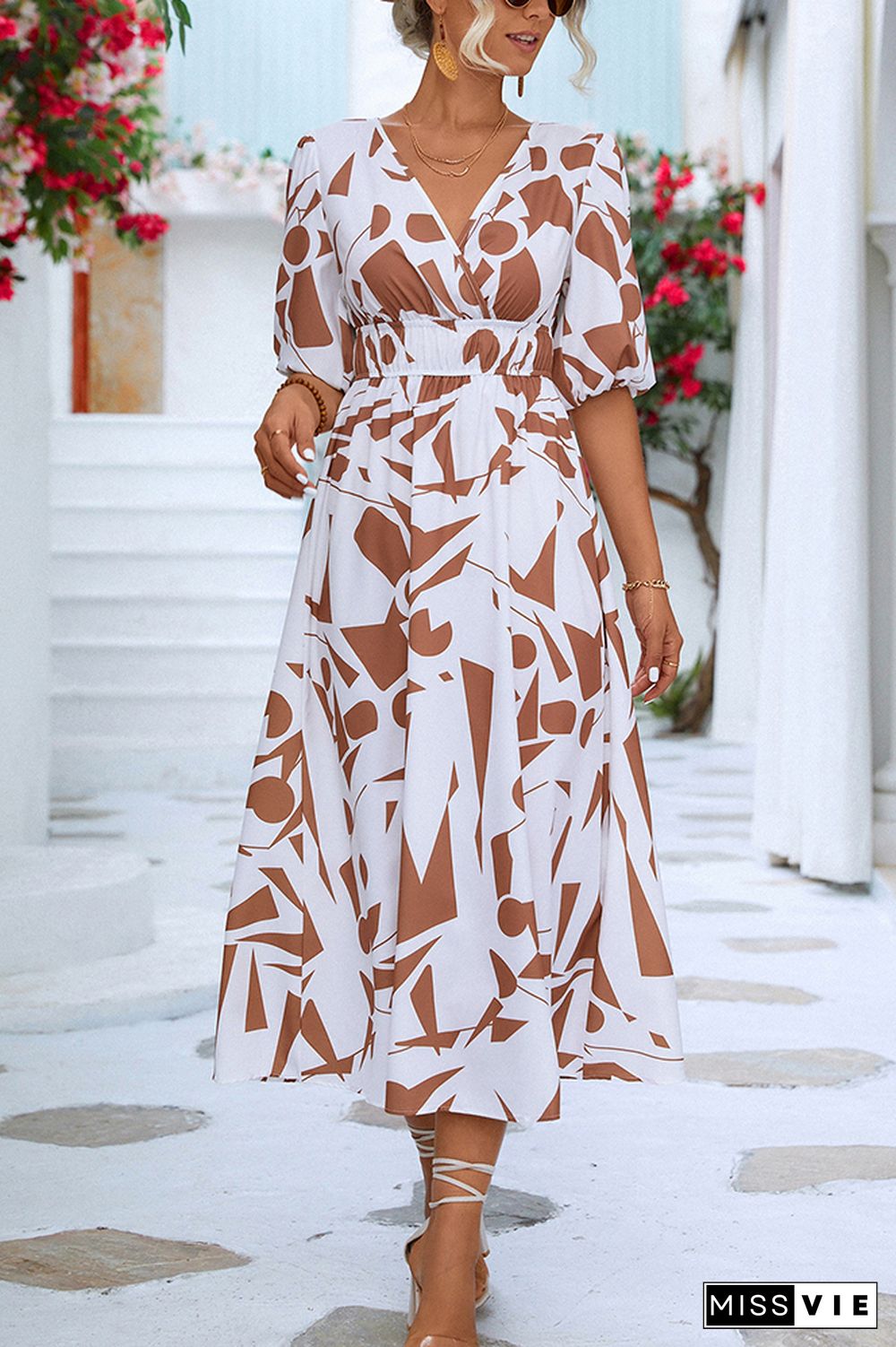 Wrap V Neck Geometric Print Bubble Sleeves Maxi Dress