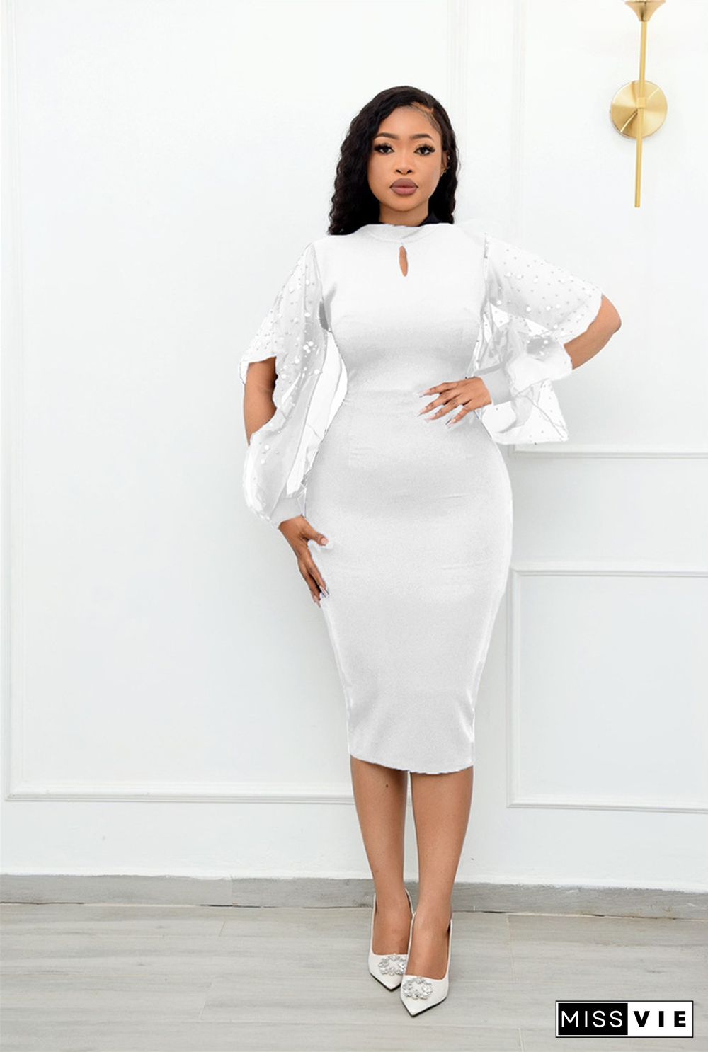 Nail Bead Mesh Long Sleeve Bodycon Pencil Dress