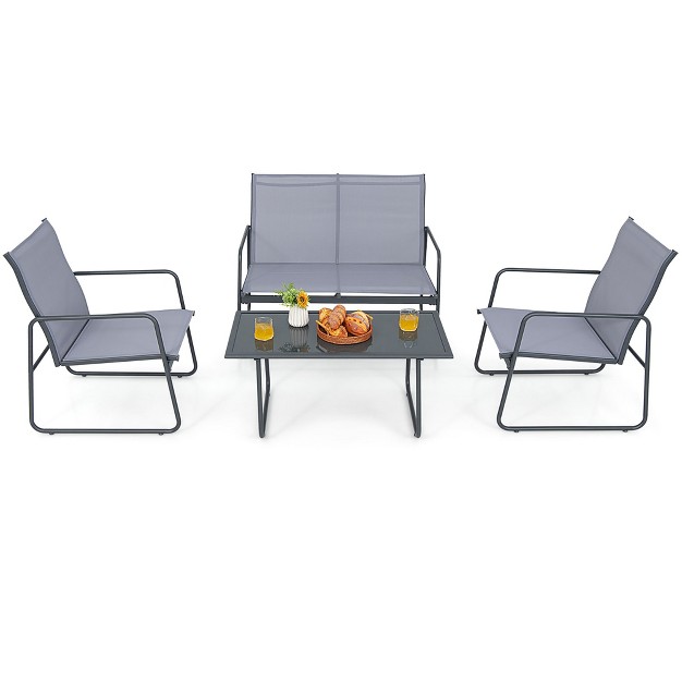 Costway 4 piece Metal Patio Furniture Chat Set Outdoor Conversation Table Garden