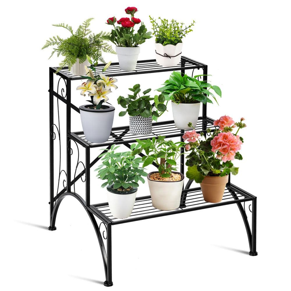 Costway Plant Rack Iron Plant Stand Garden Shelf Stair Style Decorative (3-Tier) HZ10027