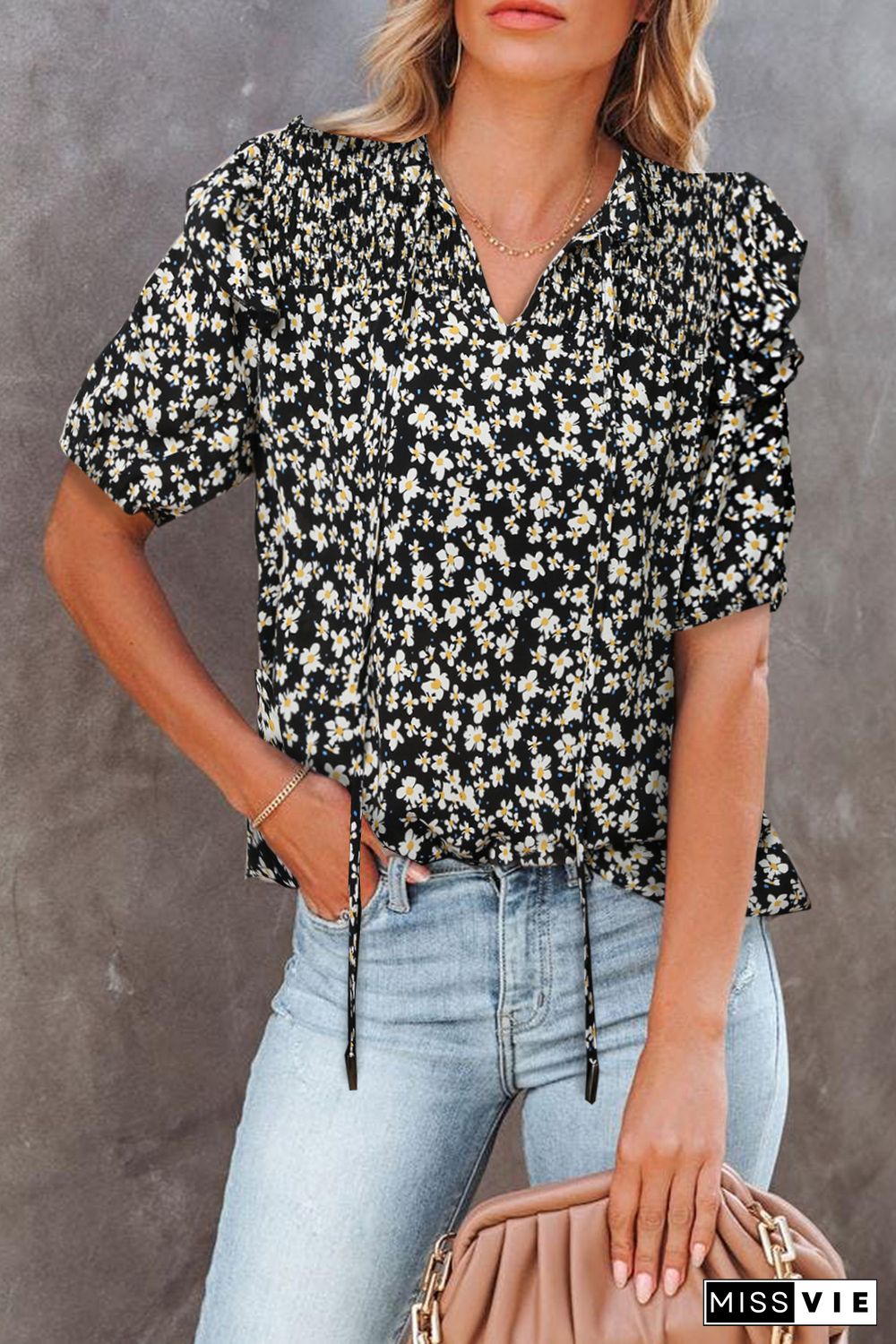 Black Floral Print Smocked Ruffled V Neck T-shirt