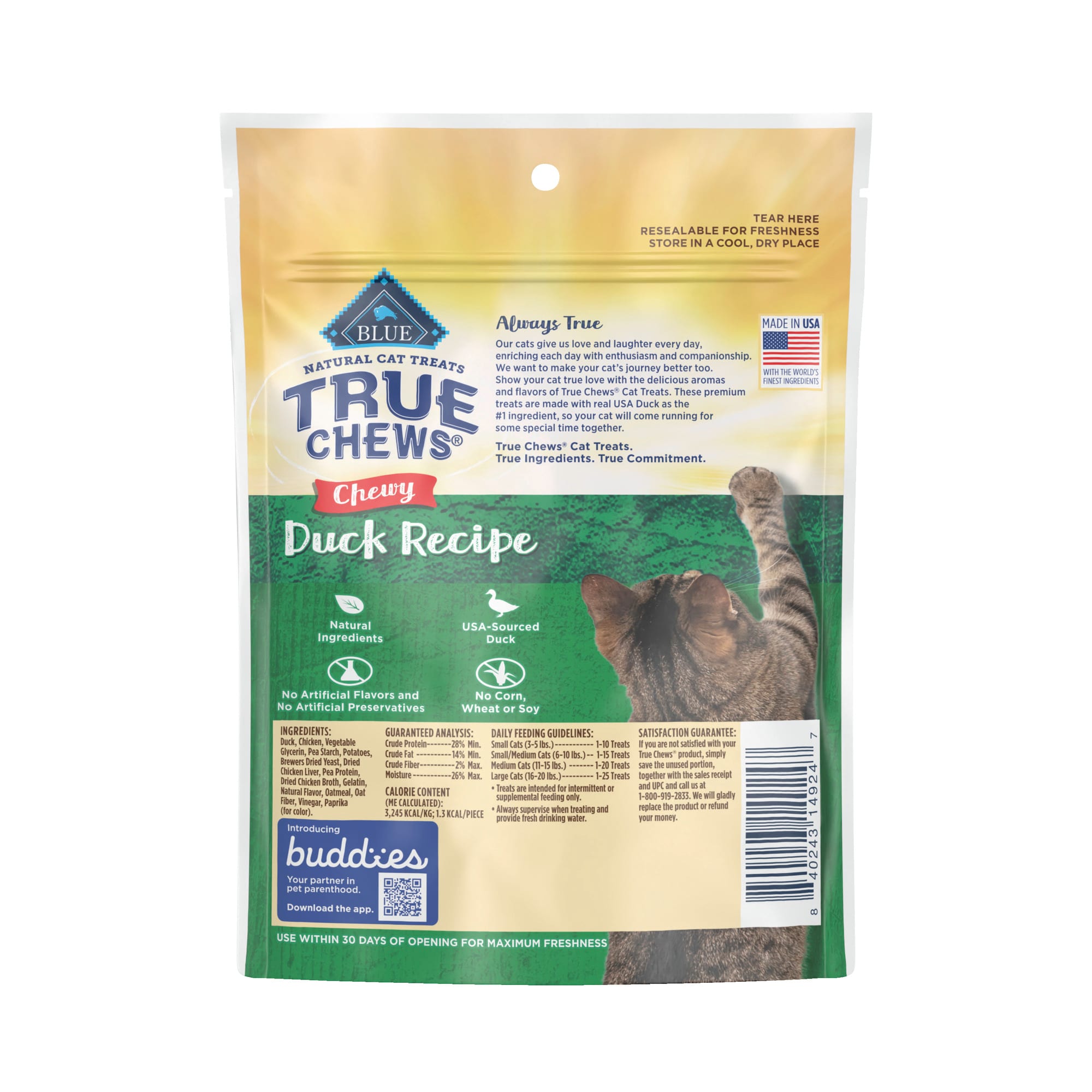 Blue Buffalo True Chews Natural Duck Chewy Cat Treats， 3 oz.