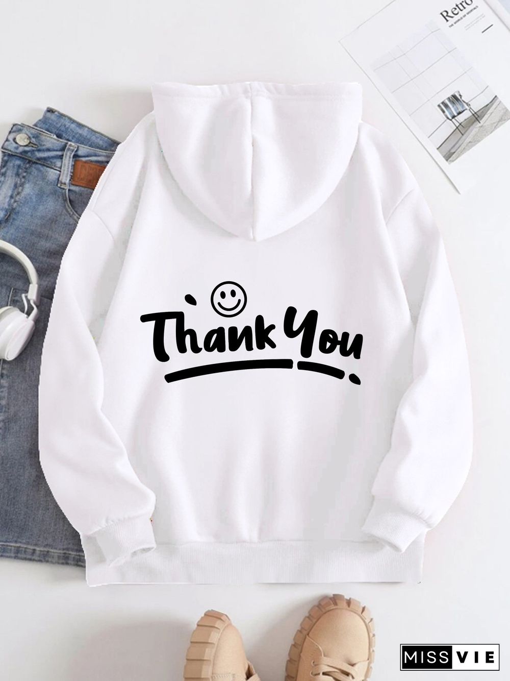 Printed on the Back Kangaroo Pocket Hoodie Long Sleeve for Women Pattern Thank You