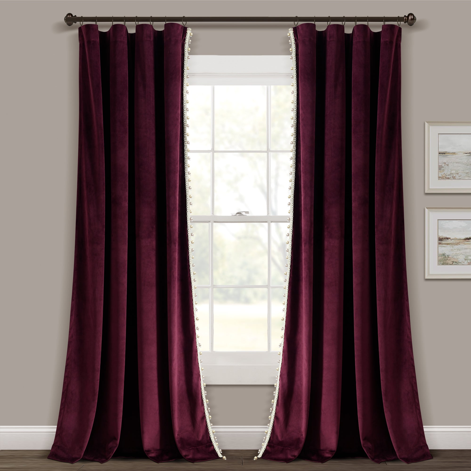 Luxury Vintage Velvet With Silky Pompom Trim Window Curtain Panel