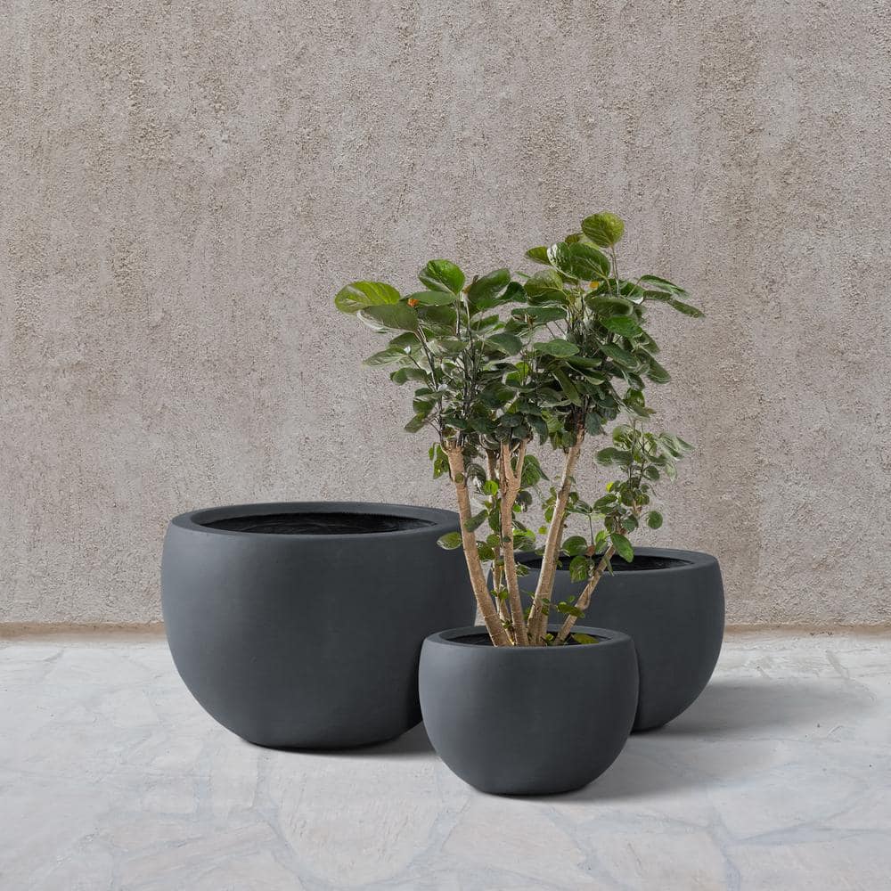 KANTE 13 in. Tall Charcoal Lightweight Concrete Round Outdoor Planter (Set of 3) RC0049ABC-C60121