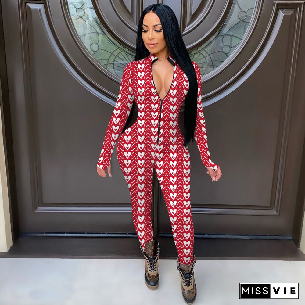 Valentine's Day Element Print Long Sleeve Front Zipper Jumpsuit