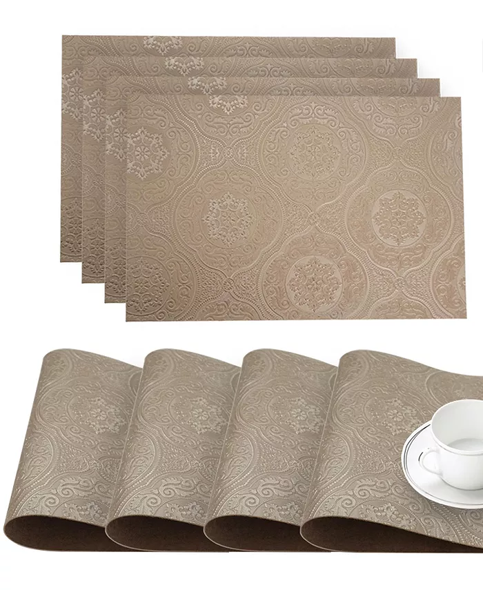 Dainty Home Faux Leather Hyde Park Slip Resistant Suede Backing Embossed 3D Surface Luxury 12 x 18 Place Mats - Set of 4