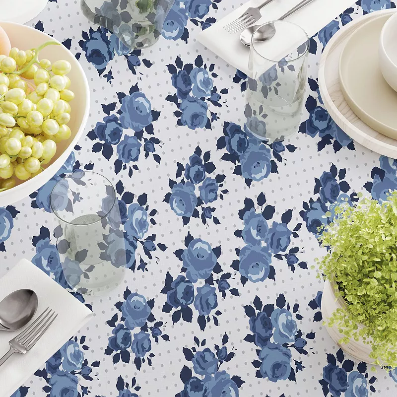 Square Tablecloth， 100% Polyester， 54x54， Blue Floral and Dots