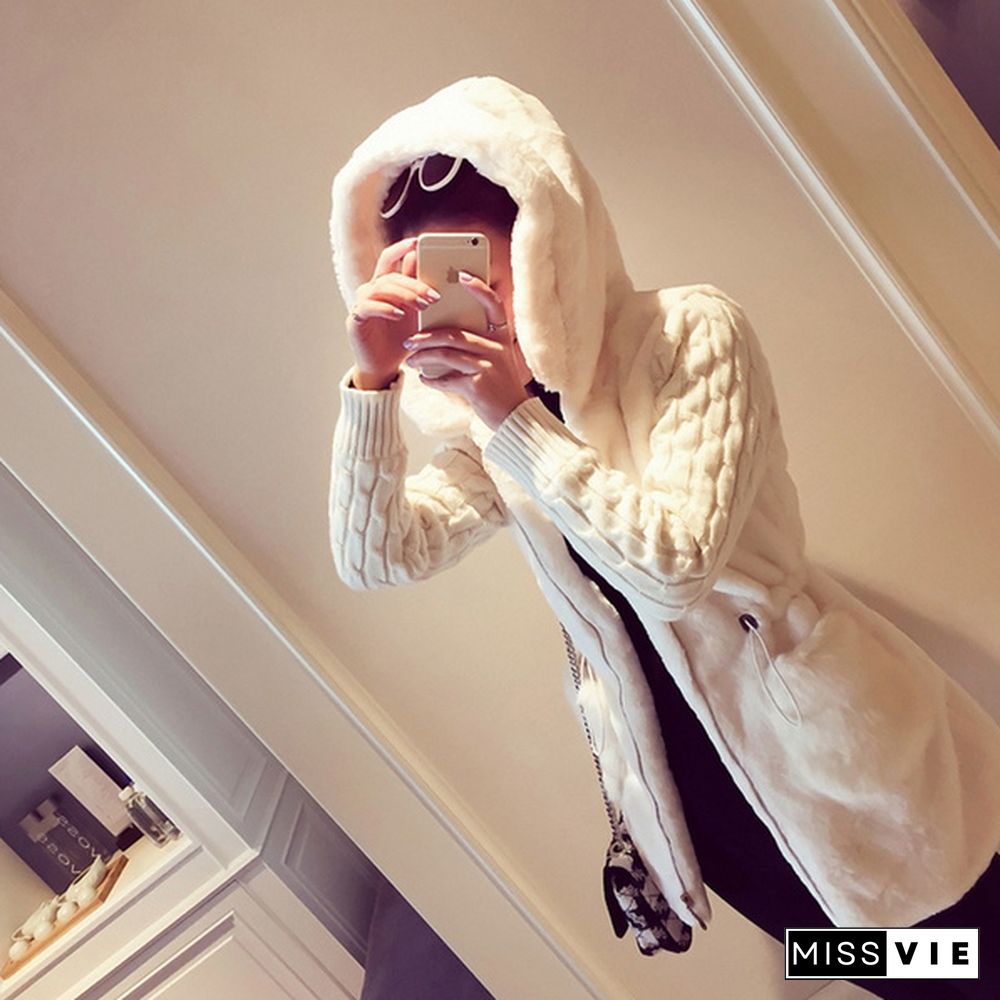 Women's Fashion Fleece Knitted Coat Winter Long Sleeves Hooded Jacket Overcoat