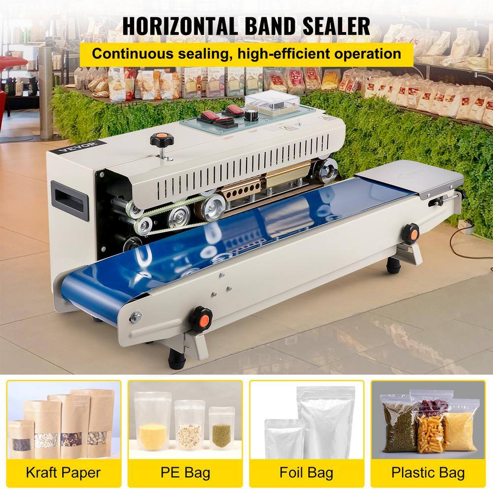 VEVOR Silver Continuous Band Heat Sealer 0.24 in. to 0.6 in. Seal Width Horizontal Sealing Machine for PVC Membrane Bag Film JTFKJMC52110V3DCHV1