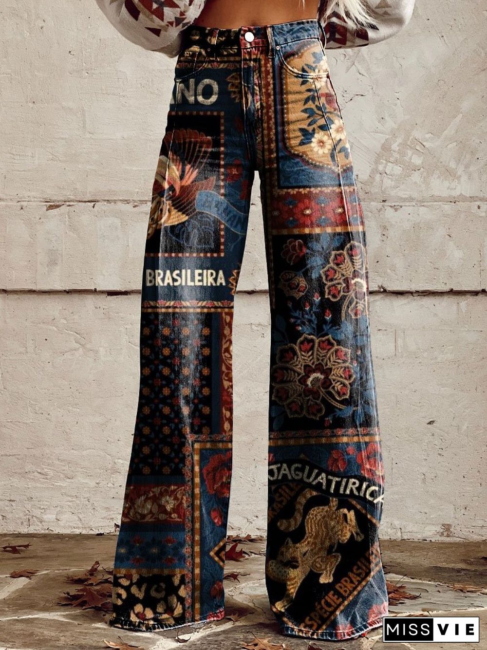 Women's Vintage Print Casual Wide Leg Pants