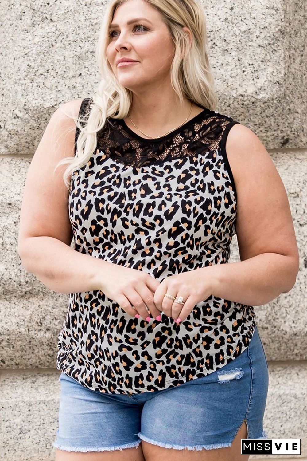 Plus Size Lace Splicing Leopard Print Tank Top