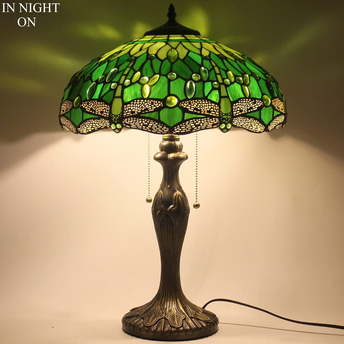 Tiffany Style Table Lamp Green Stained Glass Dragonfly Bedside Lamp 16X16X24 Inch Desk Reading Light Metal Base Decor Bedroom Living Room Home Office S459 Series