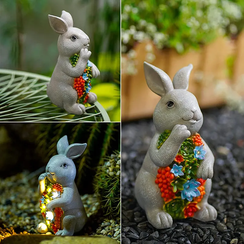 Solar Outdoor Garden Statues Rabbit with Succulent and LED Lights craft ornament for Balcony Yard Lawn Garden Decor Supplies