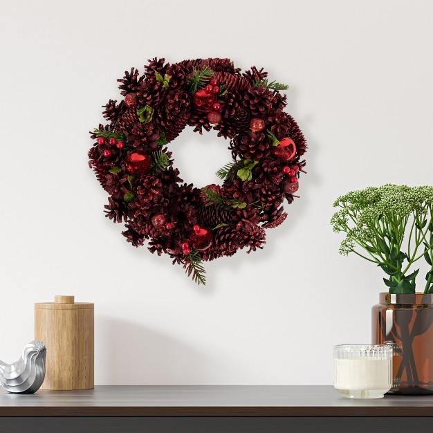 Northlight Red Pinecone Berry And Ornament Christmas Wreath 13 5 inch Unlit