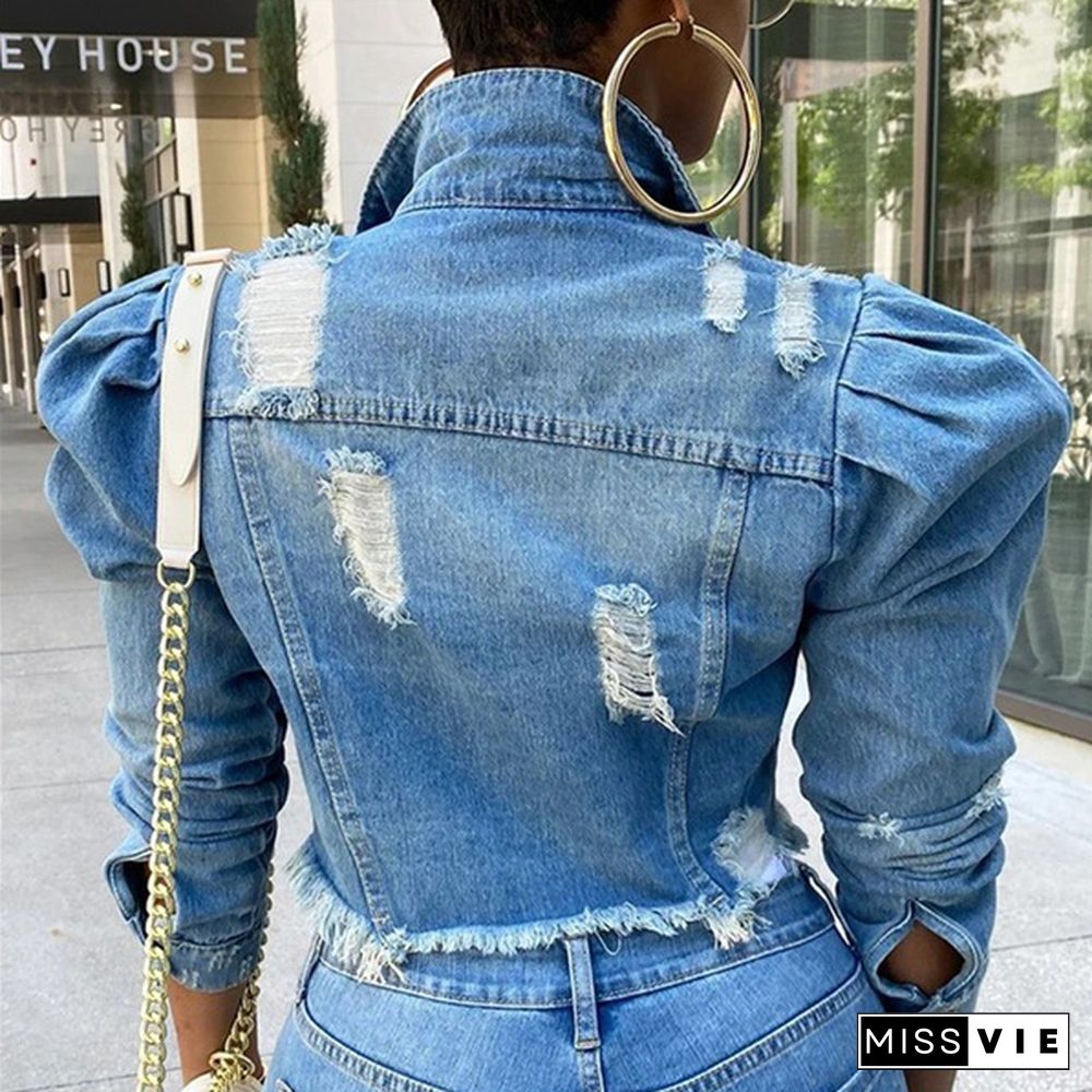 Women Ripped Denim Jackets Vintage Casual Short Jean Jacket Puff Sleeve Female Coat Streetwear