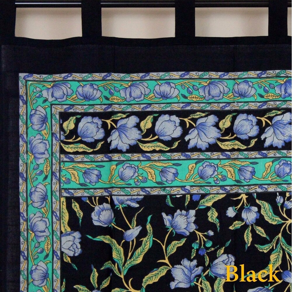 Handmade French Floral Tab Top Curtain 100% Cotton Drape Door Panel in Ivory Blue Black Amber   Violet   44 x 88