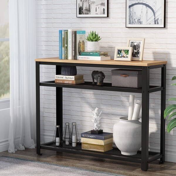 Console Table， Entryway Hallway Table with 2 Mesh Storage Shelves，Sofa Table Behind Couch