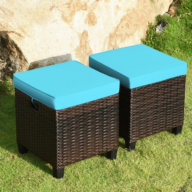 Tangkula Set Of 2 Patio Rattan Ottoman Footrest Garden Outdoor W Turquoise Cushion