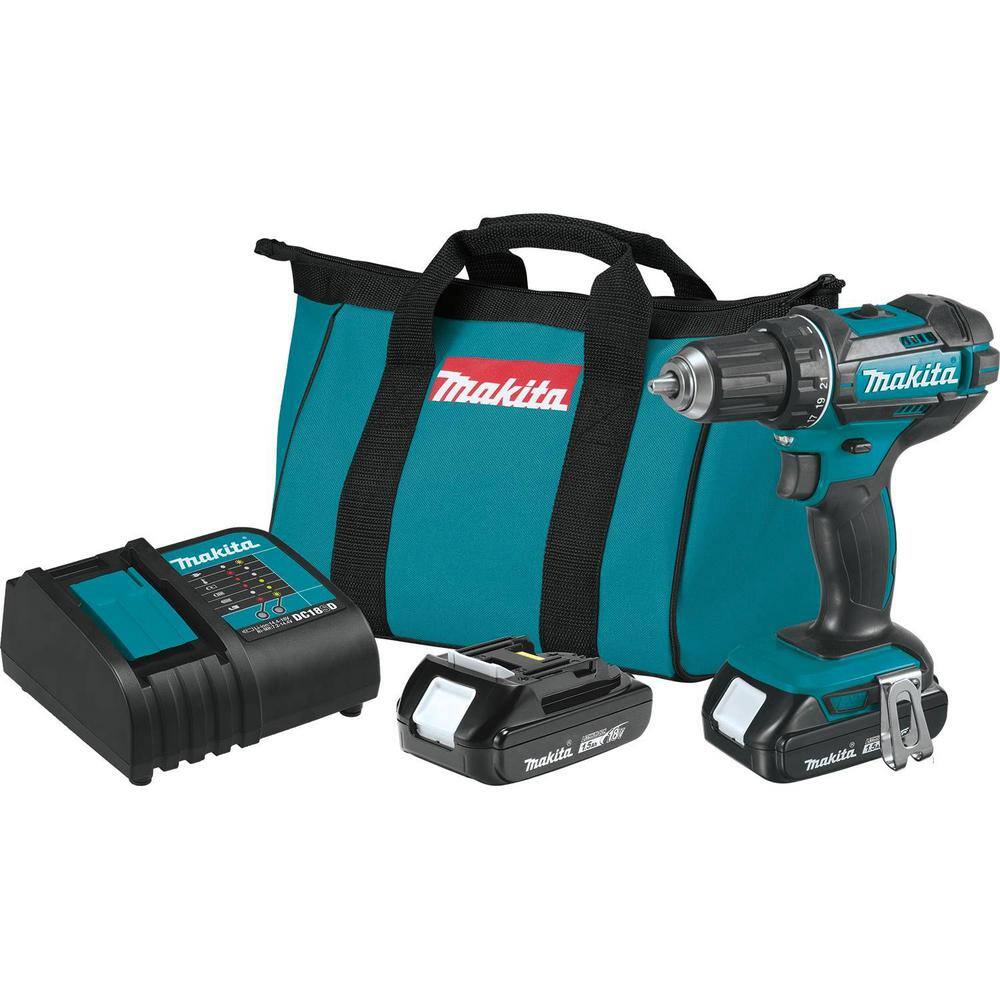 Makita 1.5 Ah 18V LXT Lithium-Ion Compact Cordless 12 in. Variable Speed Driver Drill Kit with Tool Bag XFD10SY