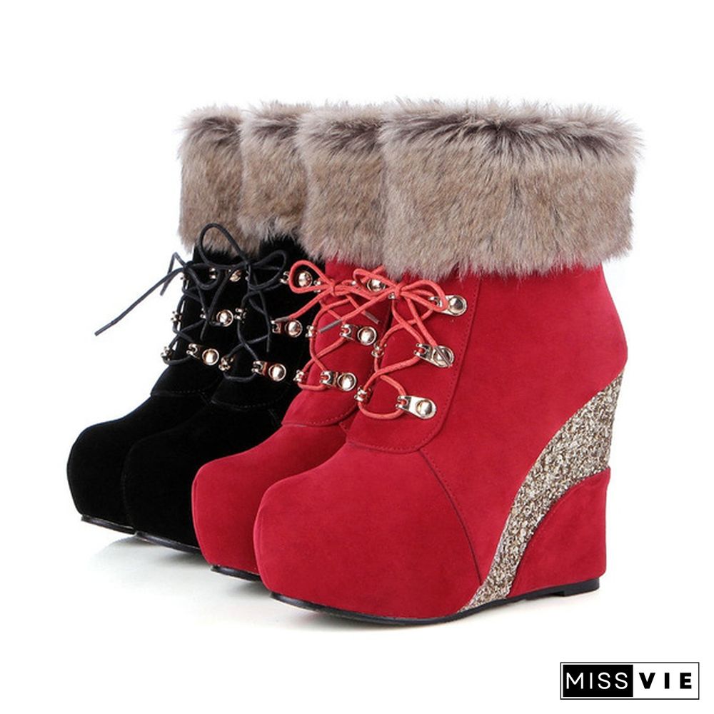 New Sexy Winter Boots Wedges Shoes Ankle Boots Women Warm Boots Lace Up Platform High Heels Snow Boots Shoes Woman