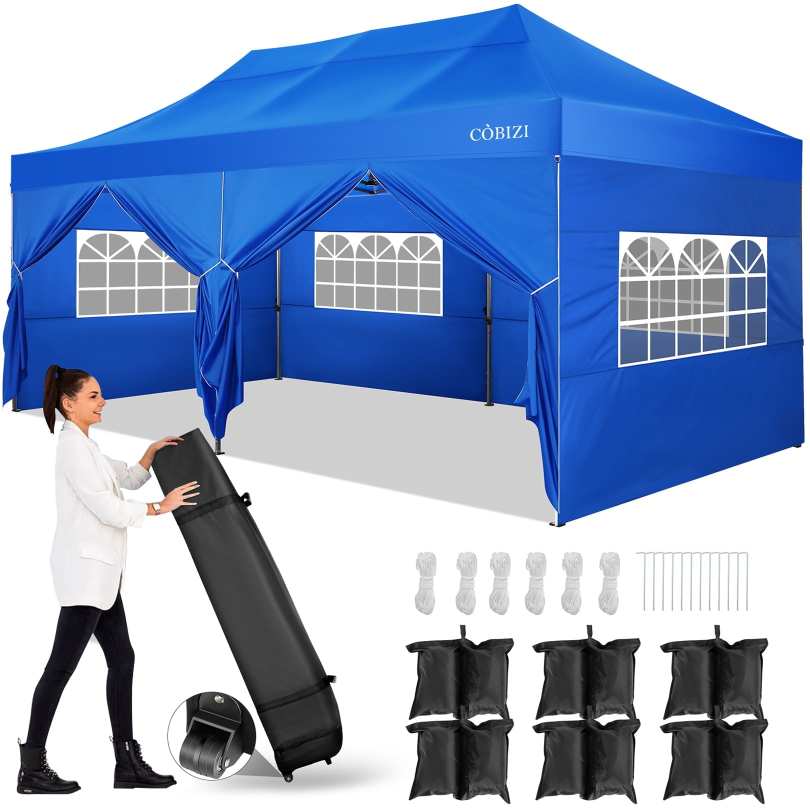 10'x20' Pop Up Canopy Waterproof Folding Tent Outdoor Easy Set-up Instant Tent Heavy Duty Commercial Wedding Party Shelter with 6 Removable Sidewalls, 6 Sandbags, Roller Bag, Blue