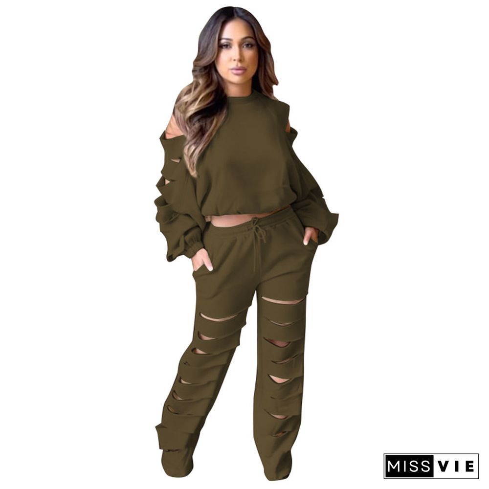 Cut Out Holes Long Sleeve T-shirt and Pants Outfits