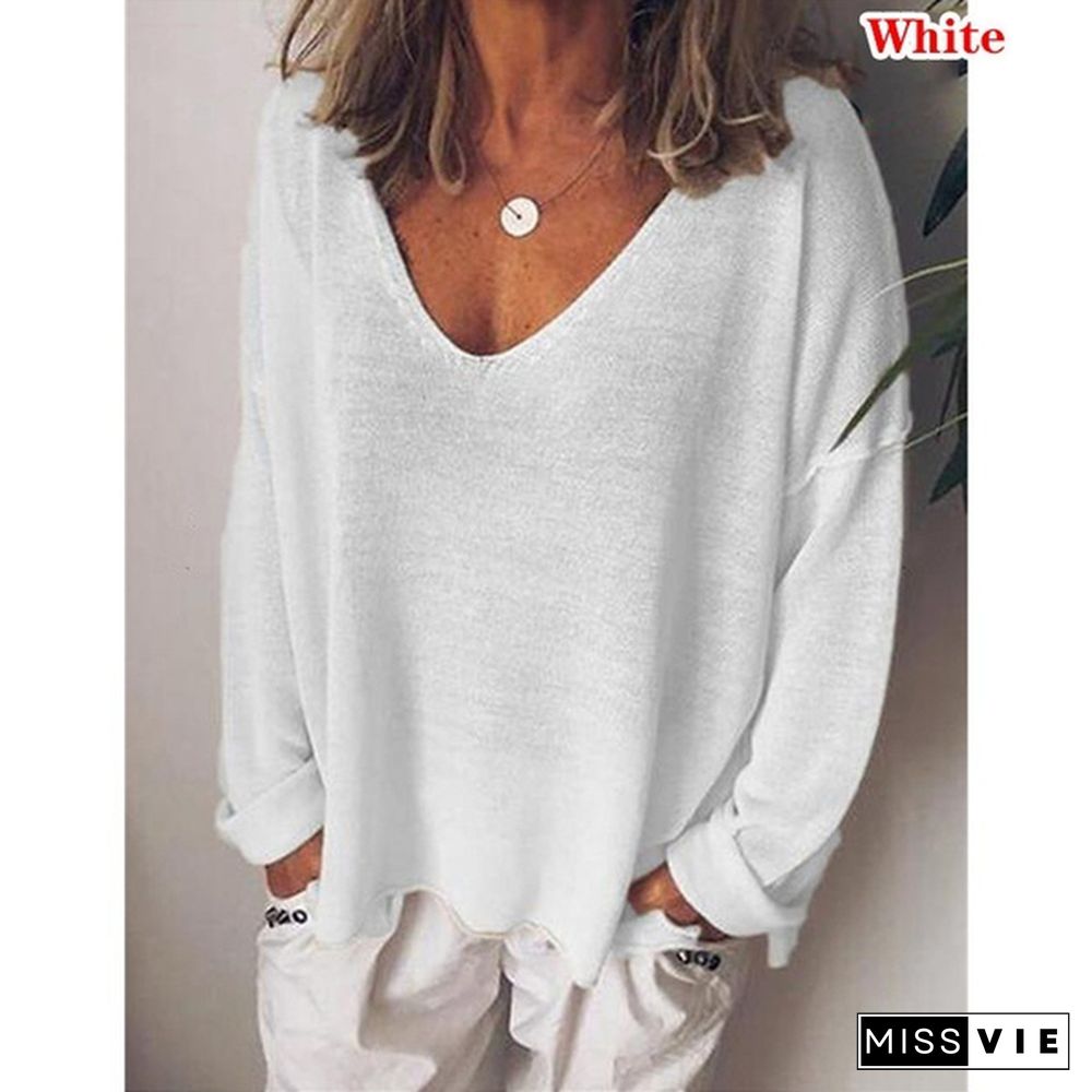 Autumn Women Solid Color Plus Size Shirts Casual Loose Tops V-Neck Blouses Long Sleeve Shirt