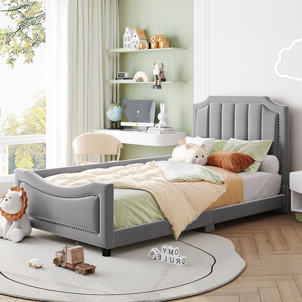 Gray Twin Size Upholstered Daybed with Classic Stripe Shaped Headboard   Fence for Teens  Girls  Boys No Box Spring Required