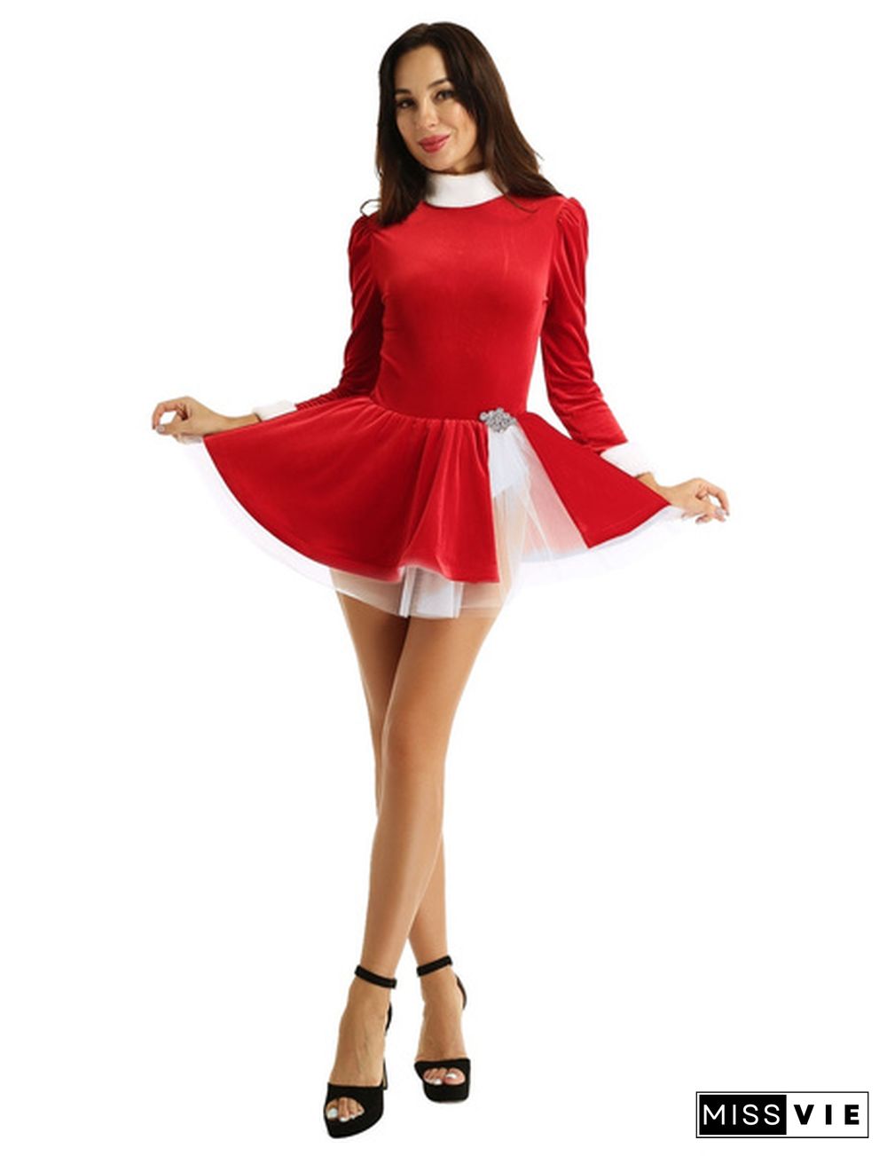 Women's Santa Christmas Party Dress Outfit Figure Ice Skating Ballet Dance Velvet Leotard Skirted