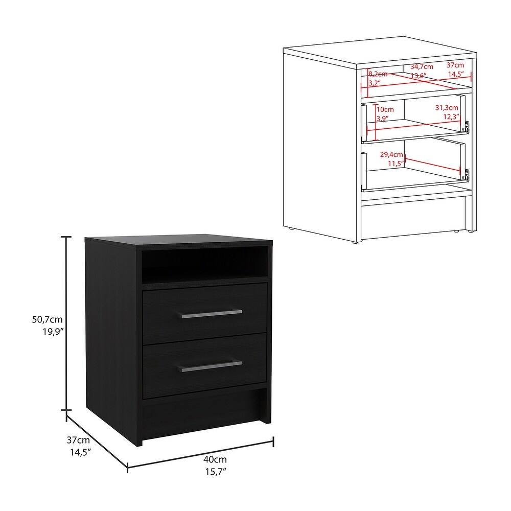 Wooden Nightstand with Two Drawers and Metal Handles