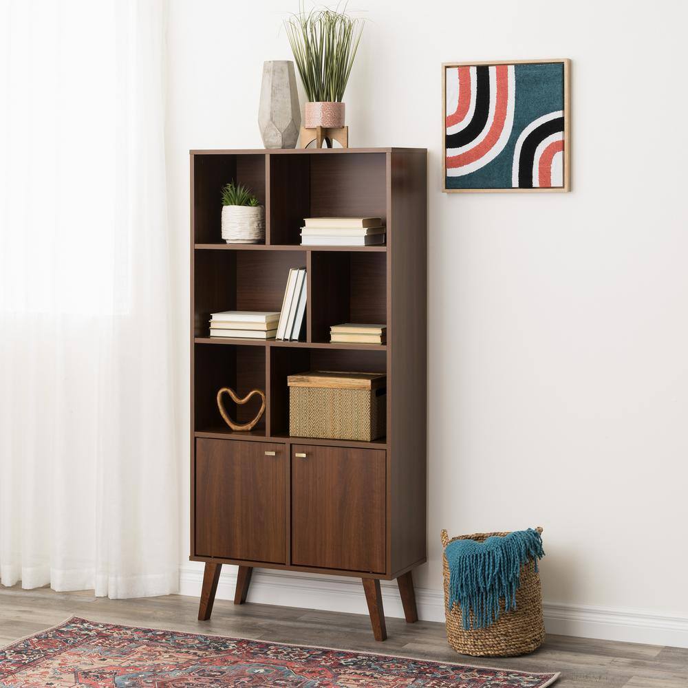 Prepac Milo Mid-Century Modern Bookcase with Inlet Shelves Two Doors and Brushed Brass-Finished Knobs Cherry CSBL-1418-1