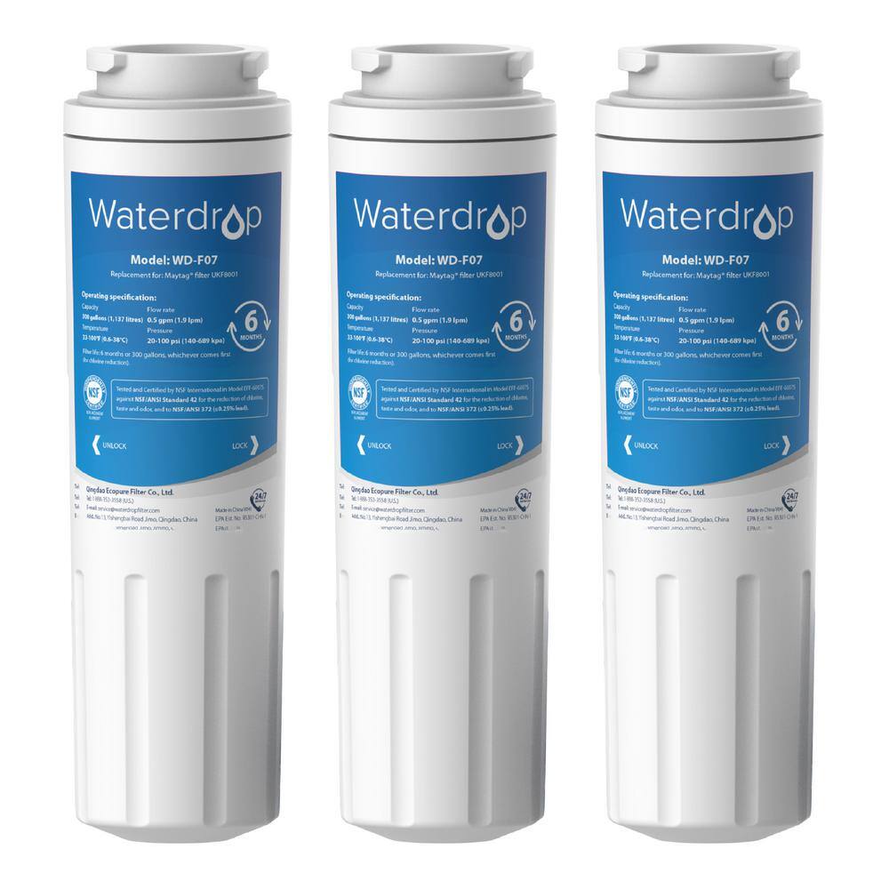 Waterdrop WD-UKF8001 Refrigerator Water Filter Replacement for Whirlpool EDR4RXD1 EveryDrop Filter 4 UKF8001AXX-200(3-Pack) B-WD-F07-3