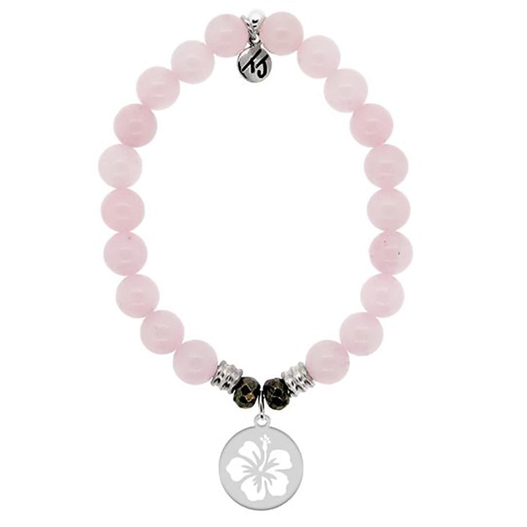 T. Jazelle  Rose Quartz Stone Bracelet with Hibiscus Flower Sterling Silver Charm