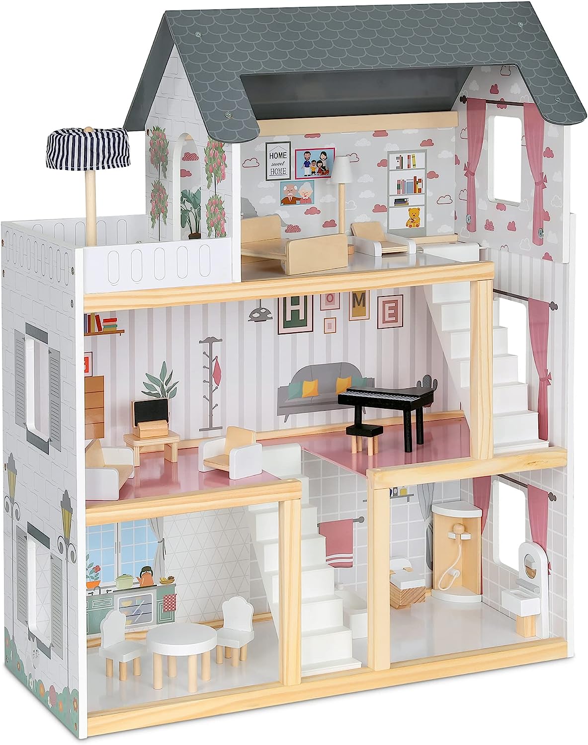 Lil’ Jumbl Kids Wooden Dollhouse， 17-Piece Accessories and Furniture are Included， with Balcony and Stairs， 3 Story Easy to Assemble Doll House Toy