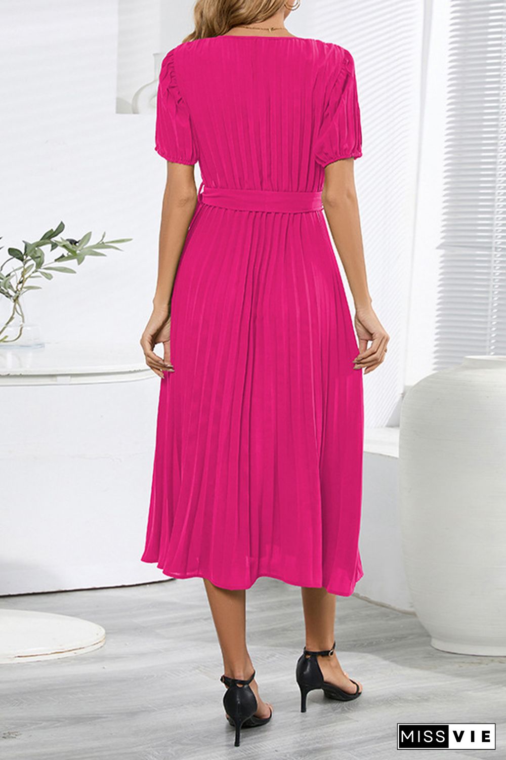 Plain Wrap V Neck Pleated Midi Dress With Sash