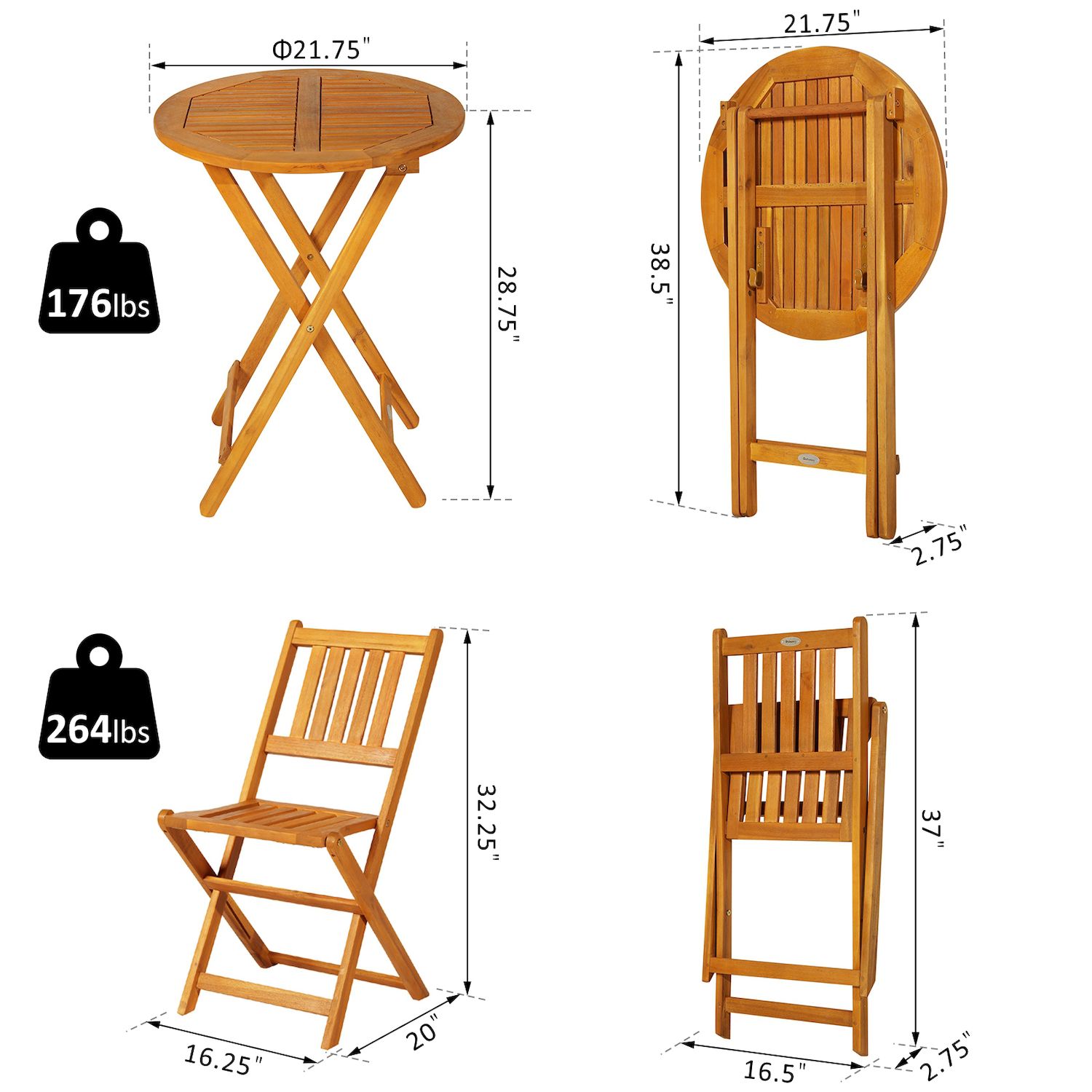 Outsunny 3 Piece Folding Acacia Wood Patio Bistro Table and Chair Outdoor