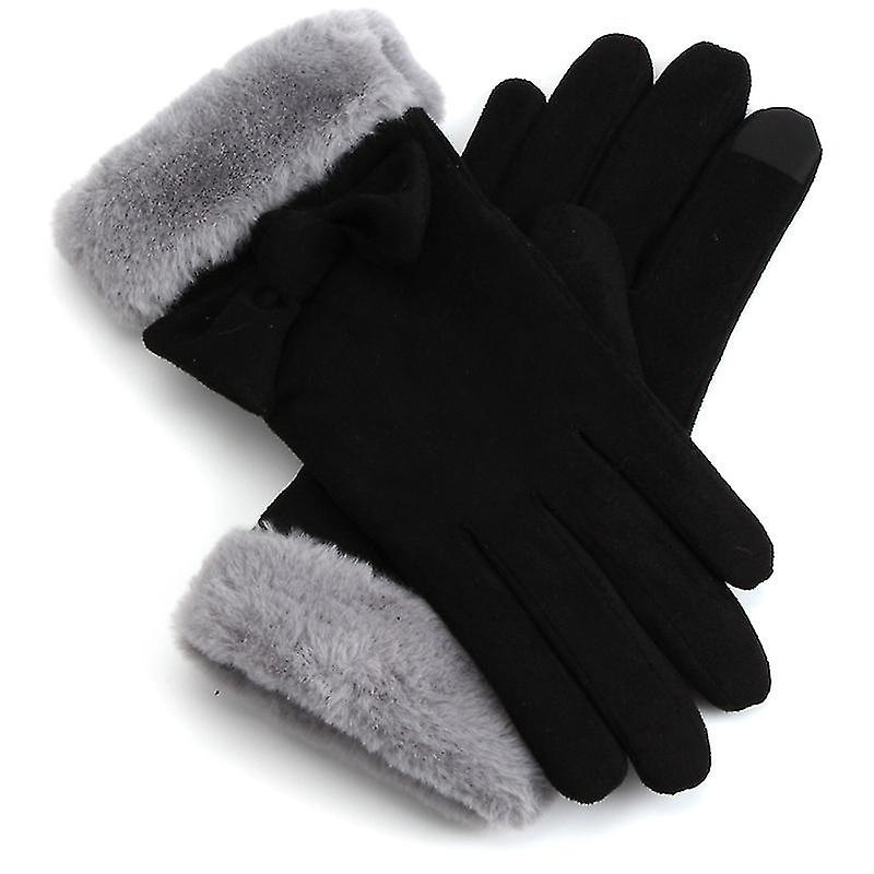 Women's Touchscreen Winter Gloves Bowknot Thermal Fleece Lined Outdoor Driving Gloves2setblack + Brown