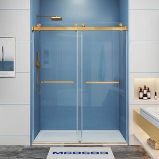 MCOCOD 60 in. W x 76 in. H Double Sliding Frameless Shower Door in Brushed Gold with Smooth Sliding and 38 in. (10 mm) Glass DS01-60x76-BG