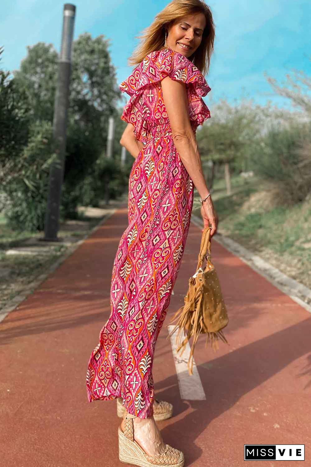 Rose Printed V Neck Button Open Back Wide Leg Jumpsuit