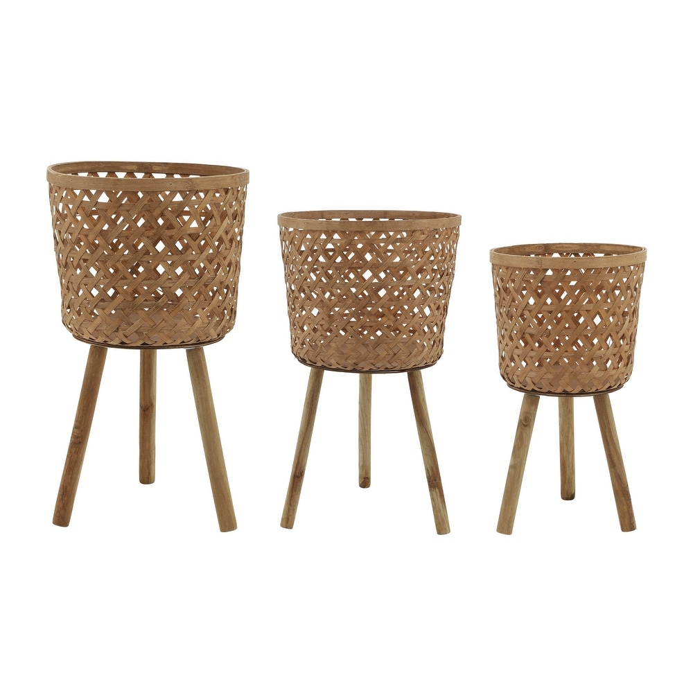 Natural Bamboo Wood Handmade Planters on Leg Stands (Set of 3)