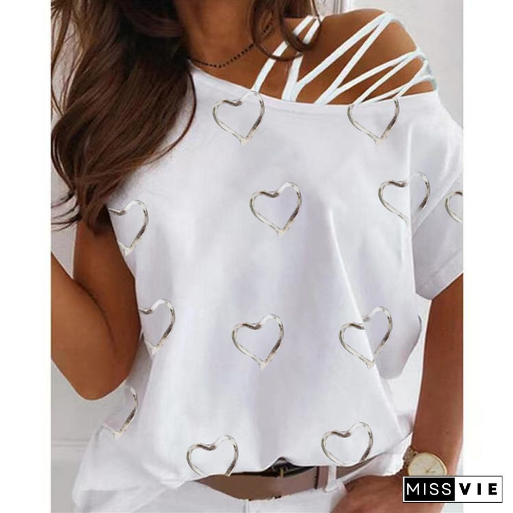 Summer New Fashion Women's Love Printed Cute Short Sleeve Strapless Casual T-shirt Loose Plus Size Soft and Comfortable Top Shirt XS-5XL