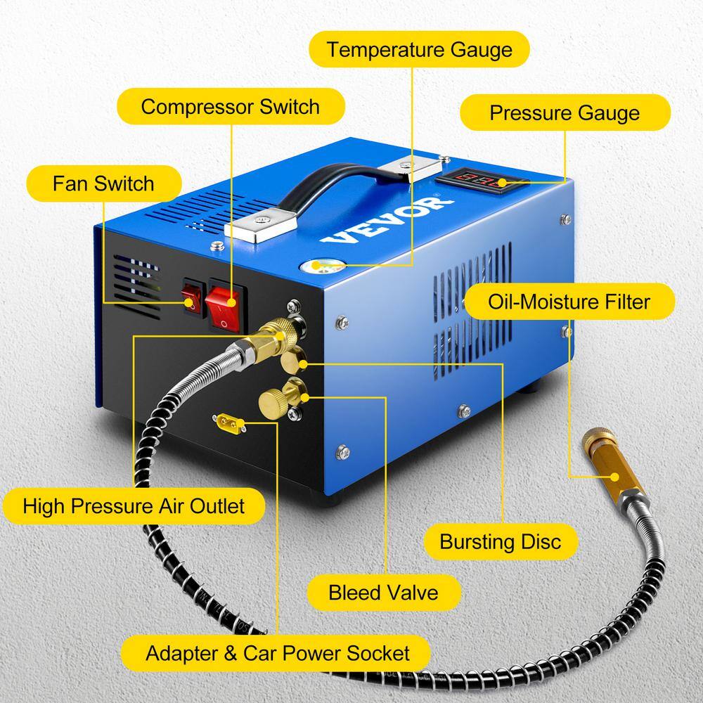 VEVOR PCP Air Rifle Pump 0.4 Gal. 4500 PSI Portable Electric Pancake Air Compressor with External Power Adapter Built-in Fan G220V110V12V-DULIV1