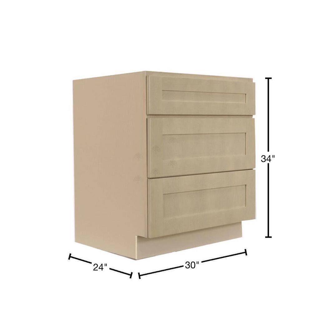 LIFEART CABINETRY Lancaster Shaker Assembled 30x34.5x24 in. Base Cabinet with 3 Drawers in Stone Wash ALSW-DB30-3