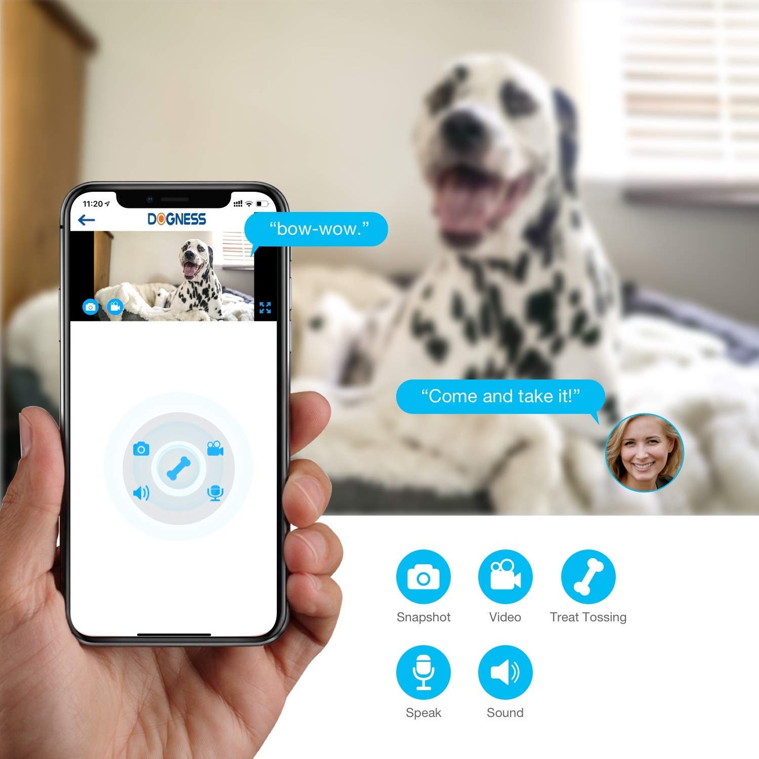 Dogness Smart Cam Dog， Cat， Pet Treater with Monitoring Camera， Microphone， Speaker， Record Videos， Snap Photos from Smartphone-White