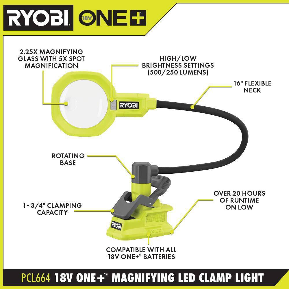 RYOBI ONE+ 18V LED Magnifying Clamp Light (Tool Only) PCL664B