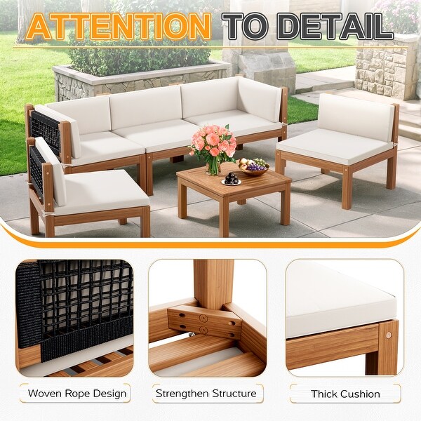 Furniwell 6Piece Outdoor Patio Furniture Sets Sectional Sofa Set Acacia Wood Set with Table