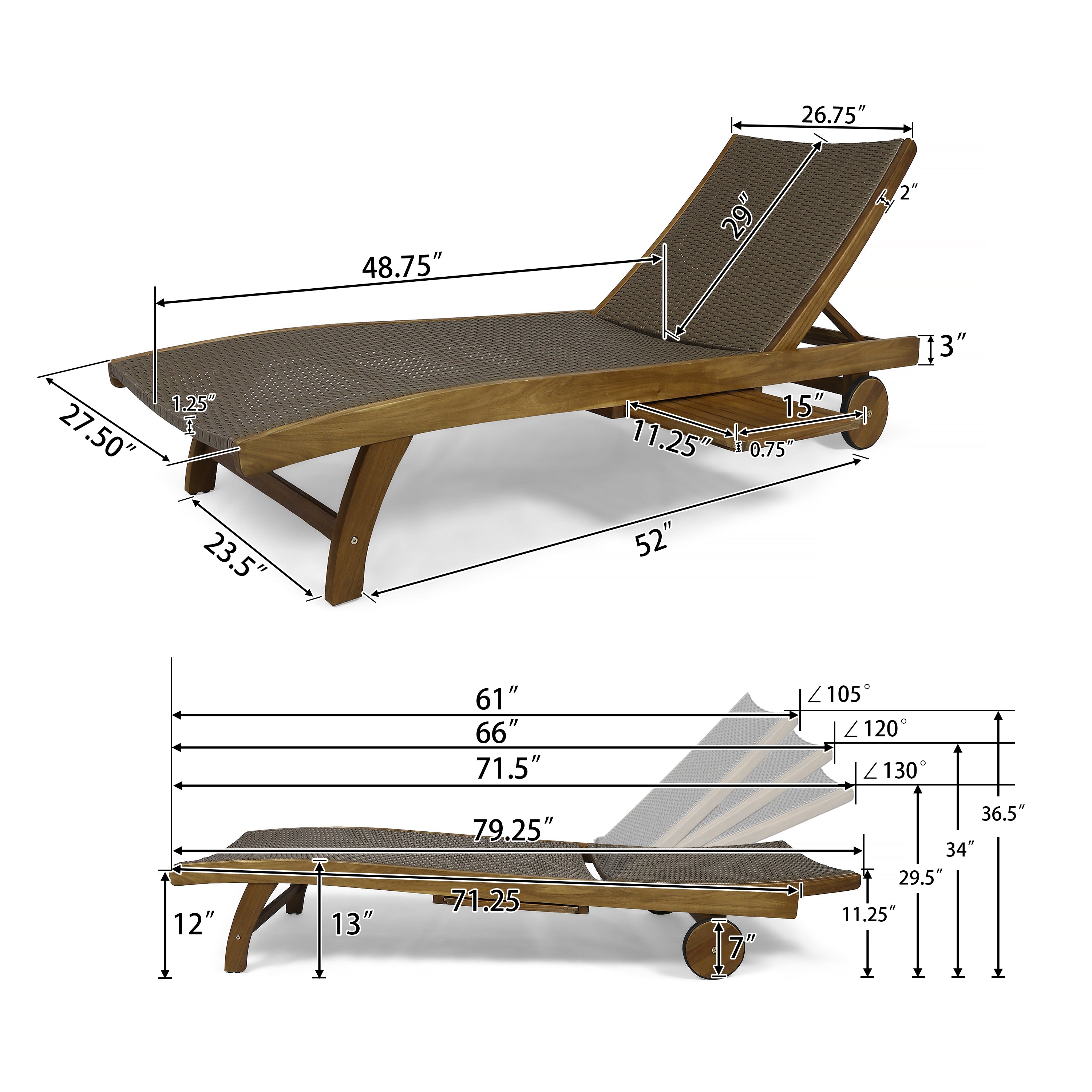 Yedda Outdoor Wicker and Wood Chaise Lounge with Pull-Out Tray