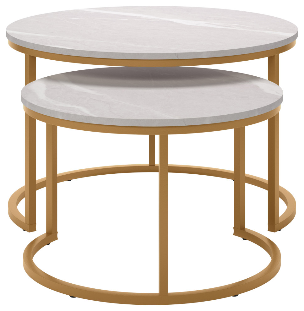 Fort Worth Gold Metal Leg Round Marbled Finish Nesting Coffee Tables   Contemporary   Coffee Table Sets   by CorLiving Distribution LLC  Houzz