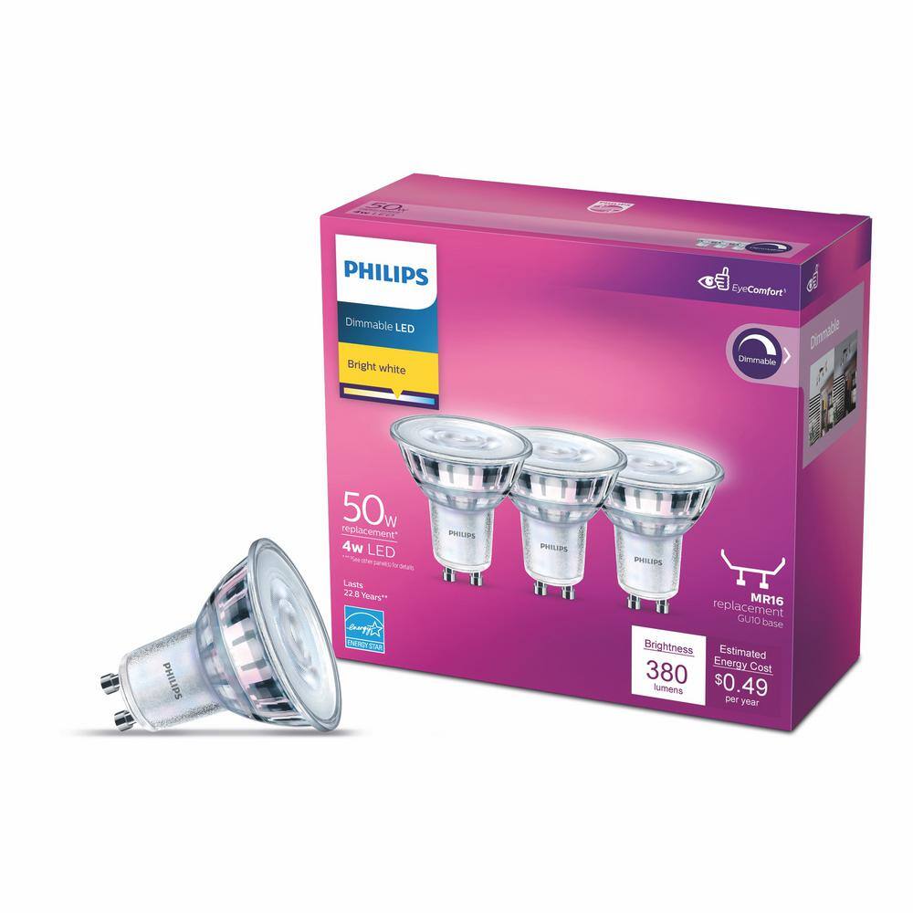 Philips 50-Watt Equivalent MR16 GU10 Base LED Light Bulb Bright White 3000K (3-Pack) 567313